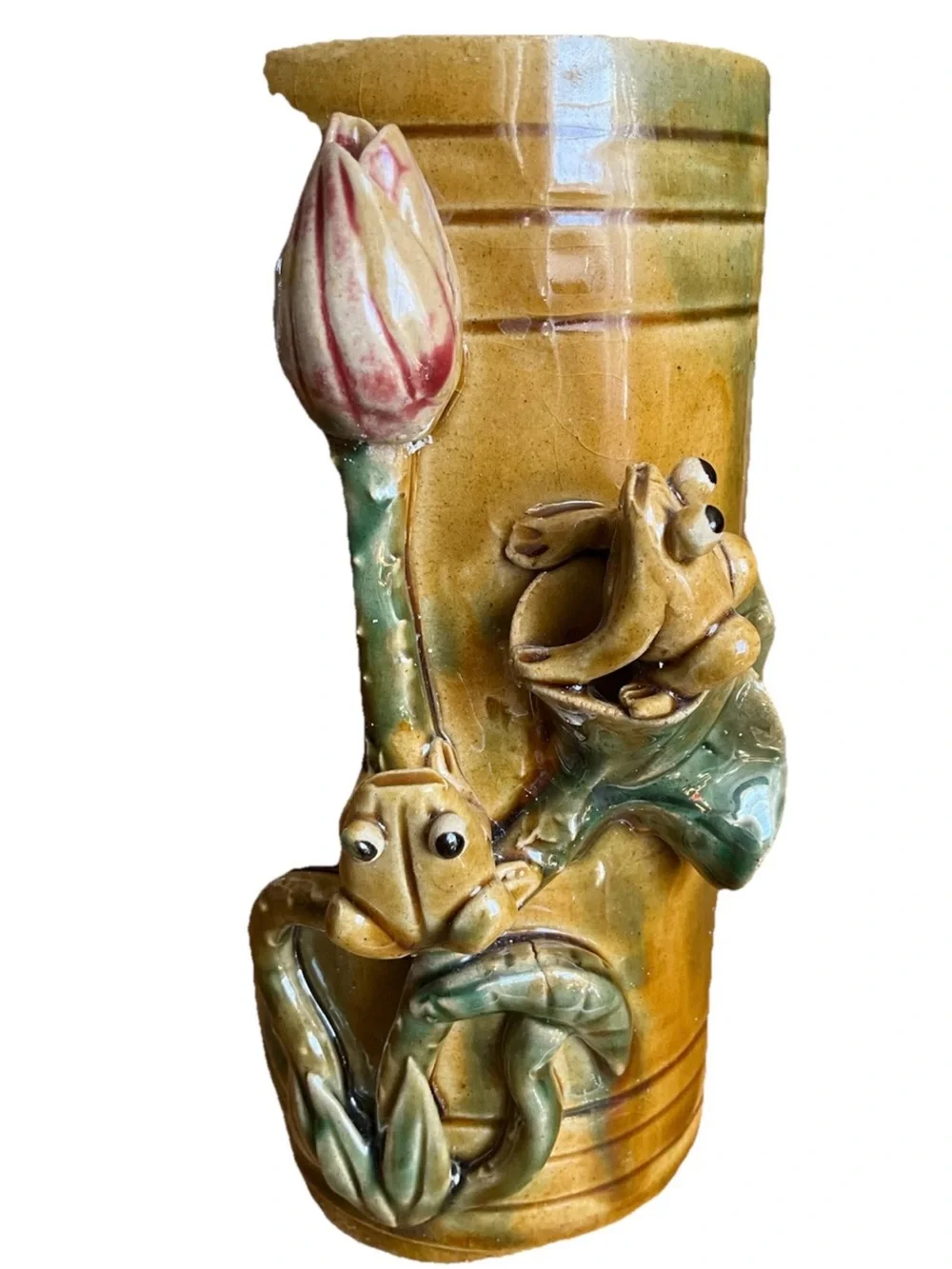 Vintage Art Pottery Majolica Style Vase Bamboo Frogs Lilly Pad Signed 8.5”